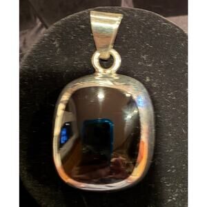 Mexico Taxco Sterling Silver Puff Square Onyx Statement Pendant 2.25” and 31g